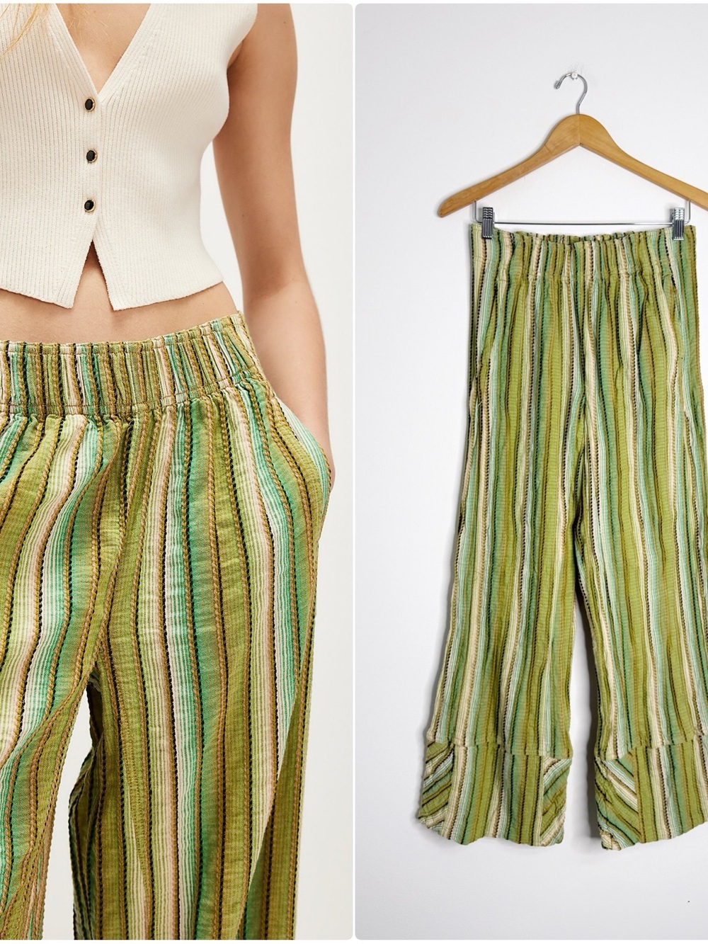 Free People Day’s End Stripe Pants XS Green Cotton Wide Leg Pull On
